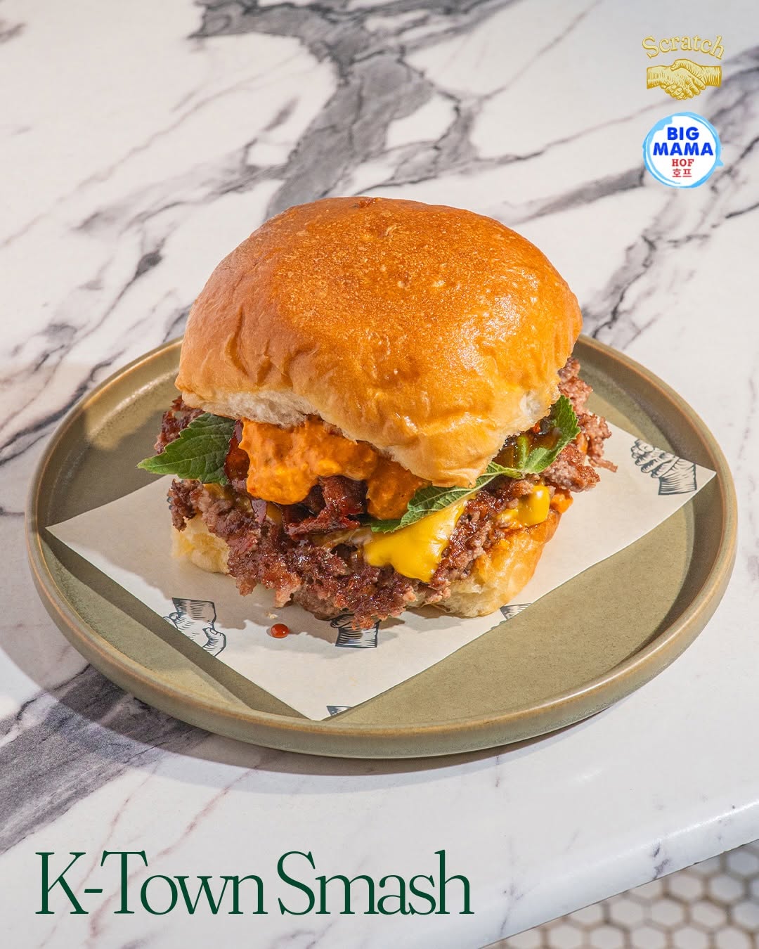 K-Town Smash burger with kimchi sauce and perilla